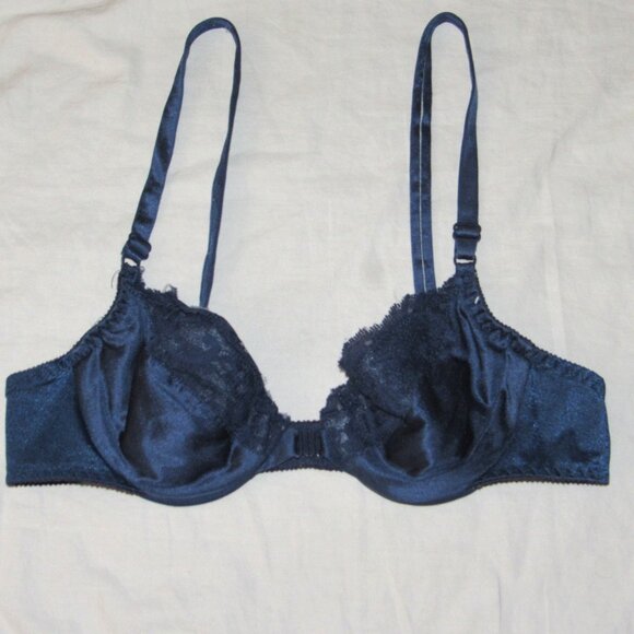 Vtg 80s Maidenform Sweet Nothings Front Close Shiny Blue Satin & Lace Bra 36A - Picture 1 of 3